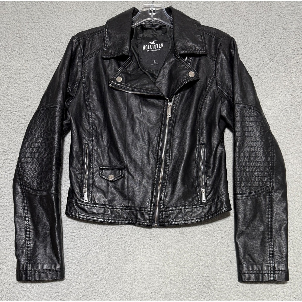 Hollister Moto Leather Full Zip Jacket Black Womens Small Zip pockets Motorcycle